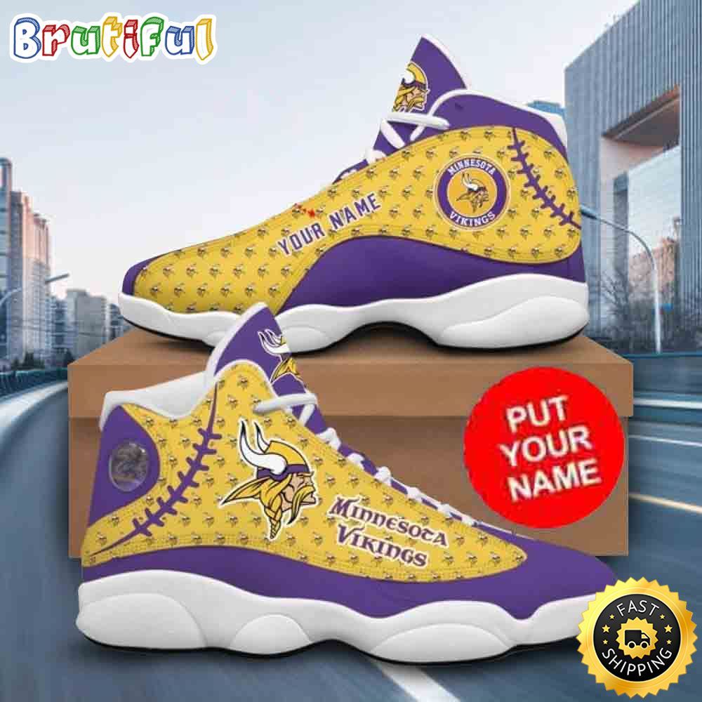 Custom Name NFL Minnesota Vikings Purple Yellow Air Jordan 13 Shoes Printed Logo JD 13
