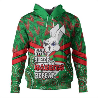 South Sydney Rabbitohs Hoodie - Tropical Patterns And Dot Painting Eat Sleep Rugby Repeat