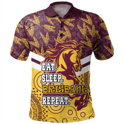 Brisbane Broncos Polo Shirt - Tropical Patterns And Dot Painting Eat Sleep Rugby Repeat