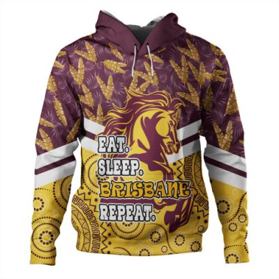 Brisbane Broncos Hoodie - Tropical Patterns And Dot Painting Eat Sleep Rugby Repeat