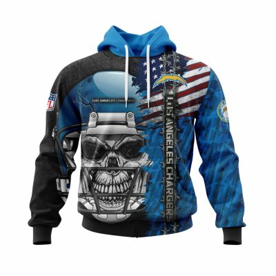 NFL Los Angeles Chargers Blue Black Skull Pullover Hoodie V5