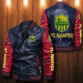 FC Nantes Dark Blue Red Leather Bomber Jacket