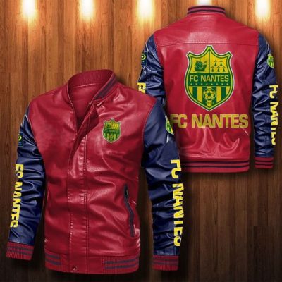 FC Nantes Red Dark Blue Leather Bomber Jacket