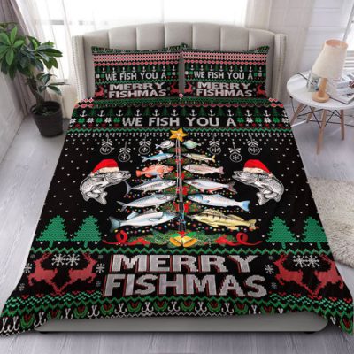 Australia Christmas Fishing Bedding Set - Merrry Fishmas Fishing Rod Christmas Tree Bedding Set