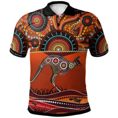 (Custom Sleeves) Australia Aboriginal Inspired Polo Shirt - Kangaroo With Dot Painting