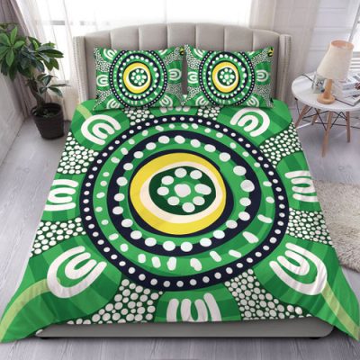 Australia Dot Painting Inspired Aboriginal Bedding Set - Green Aboriginal Inspired Dot Art Bedding Set