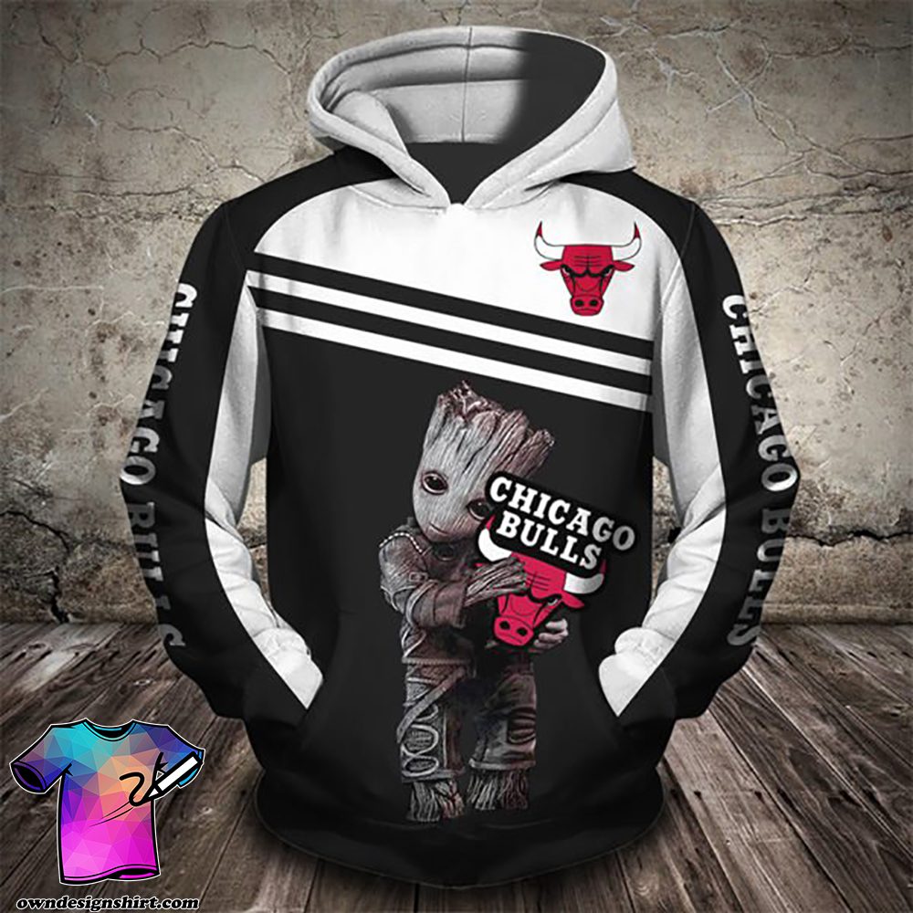 NBA Chicago Bulls White Black Baby Groot Pullover Hoodie NBA Chicago Bulls White Black Baby Groot Pullover Hoodie