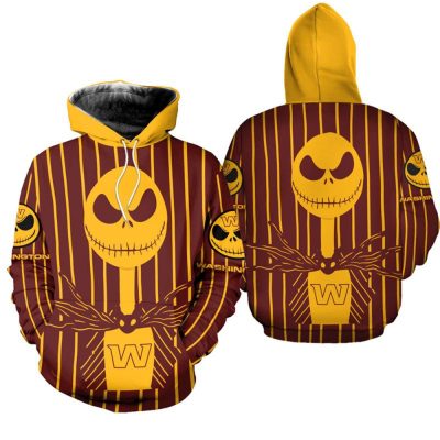 NFL Washington Commanders Red Yellow Halloween Jack Skellington Pullover Hoodie