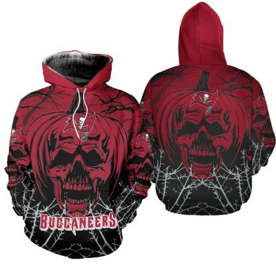 NFL Tampa Bay Buccaneers Red Black Pumpkin Skull Pullover Hoodie
