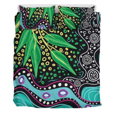 Australia Wattle Leaves Bedding Set - Aboriginal Dot Art And Wattle Leaves Bedding Set