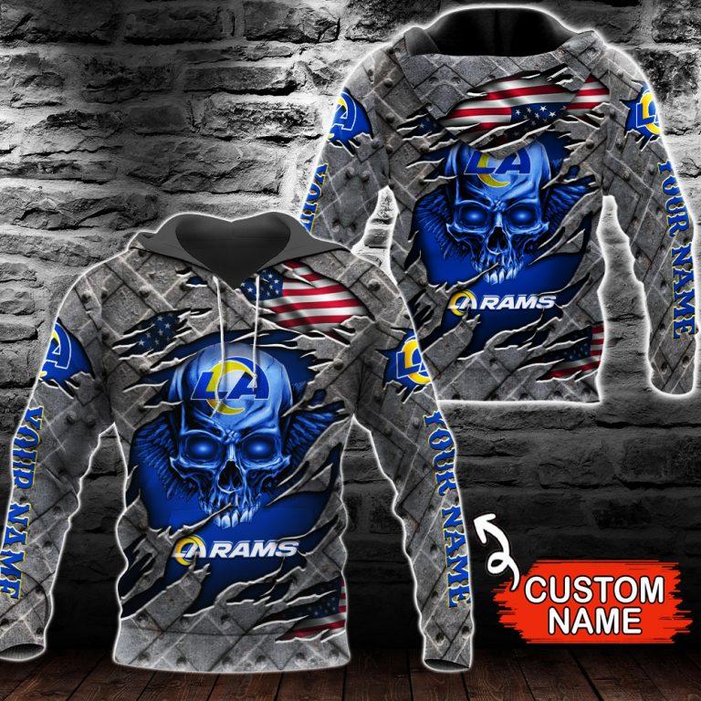 NFL Los Angeles Rams Custom Name Grey Blue Skull Pullover Hoodie NFL Los Angeles Rams Custom Name Grey Blue Skull Pullover Hoodie