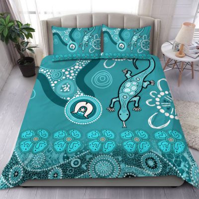Australia Goanna Aboriginal Bedding Set - Indigenous Dot Goanna (Teal Blue) Bedding Set