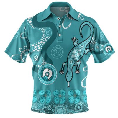 Australia Goanna Aboriginal Polo Shirt - Indigenous Dot Goanna (Teal Blue) Polo Shirt