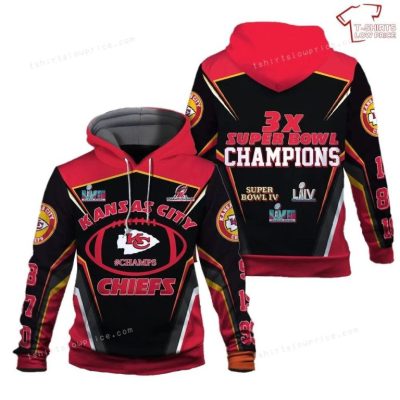 NFL Kansas City Chiefs Black Red Super Bowl 2022 - 2023 Champions 3x Pullover Hoodie