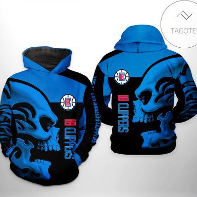 NBA Los Angeles Clippers Blue Black Skull Pullover Hoodie V3
