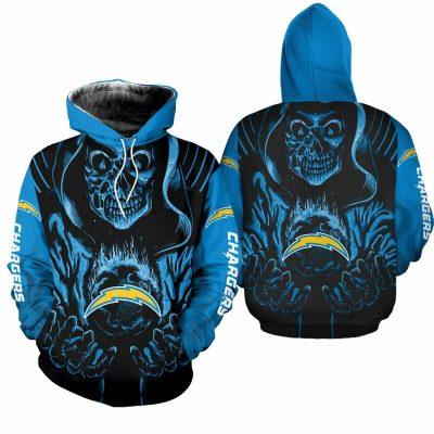 NFL Los Angeles Chargers Blue Black Skull Pullover Hoodie V17