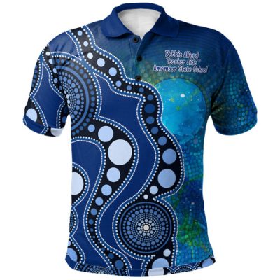 (Debbie Alford) Polo - Australia Indigenous Flag Circle Dot Painting Art (Blue)