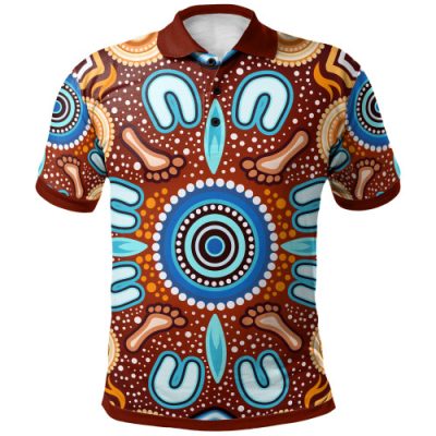 Australia Aboriginal Inspired Polo Shirt - Indigenous Circle Dot Art Footprints Painting