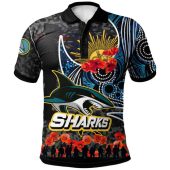 Cronulla-Sutherland Sharks Polo Shirt- Aboriginal Inspired Anzac Day Shark And Soldier With Poppy Flower Patterns Polo Shirt