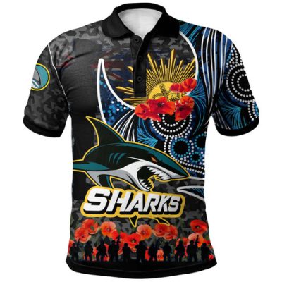 Cronulla-Sutherland Sharks Polo Shirt- Aboriginal Inspired Anzac Day Shark And Soldier With Poppy Flower Patterns Polo Shirt