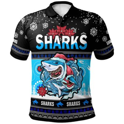 Cronulla-Sutherland Sharks Christmas Polo Shirt - Custom Cronulla-Sutherland Sharks Ugly Christmas And Aboriginal Inspired Patterns Polo Shirt