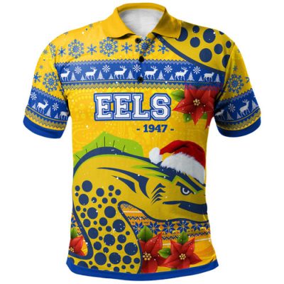 Parramatta Eels Christmas Polo Shirt - Custom Xmas Parramatta Eels Christmas Balls, Snowflake With Aboriginal Inspired Patterns Polo Shirt