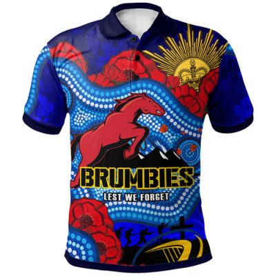 Brumbies Rugby Polo Shirt - Custom Anzac Day Brumbies Aboriginal Inspired Pattern with Horse and Poppy Flower