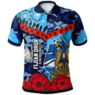 Fijian Drua Rugby Polo Shirt - Custom Anzac Day Fijian Drua Remembrance with Aboriginal Inspired Pattern Polo Shirt