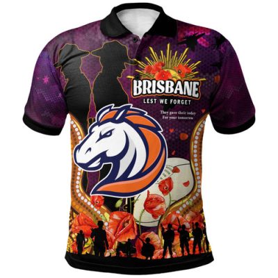 Brisbane Broncos Anzac Polo Shirt - Broncos Anzac Day Commemoration With Poppy And Aboriginal Inspired Patterns
