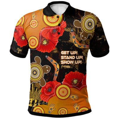 Australia Anzac Day and Naidoc Week Polo Shirt - Poppy Flower with Aboriginal Inspired Style and Turtle Indigenous Polo Shirt