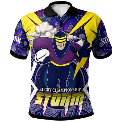 Melbourne Storm Polo Shirt - Custom Championship Melbourne Storm Mascot with Aboriginal Inspired Pattern Player And Number Polo Shirt