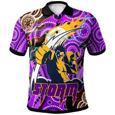 Melbourne Storm Polo Shirt - Custom Melbourne Storm Team with Aboriginal Inspired Dot Painting and Indigenous Pattern