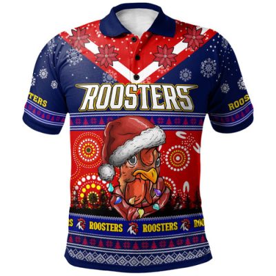 Sydney Roosters Christmas Polo Shirt - Custom Sydney Roosters Ugly Christmas And Aboriginal Inspired Patterns Polo Shirt