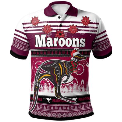 Maroons Rugby Christmas Polo Shirt - Custom Xmas Maroons Christmas Balls, Snowflake With Aboriginal Inspired Patterns Polo Shirt