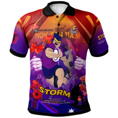Melbourne Storm Polo Shirt - Custom Melbourne Storm Remembrance Day Lest We Forget Poppies Polo Shirt