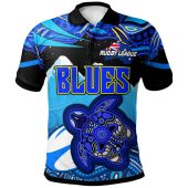 Australia Blues Polo Shirt - Blues Turtle and Mountain Aboriginal Inspired Culture Polo Shirt