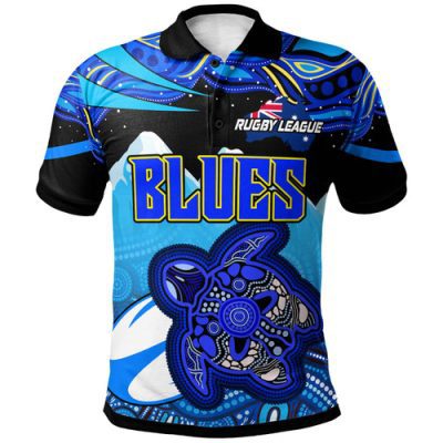 Australia Blues Polo Shirt - Blues Turtle and Mountain Aboriginal Inspired Culture Polo Shirt