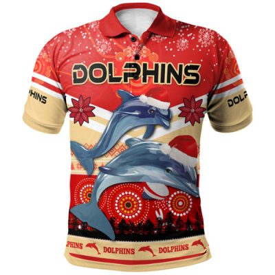 Redcliffe Dolphins Christmas Polo Shirt - Custom Redcliffe Dolphins Christmas with Ugly Pattern and Aboriginal Inspired Polo Shirt