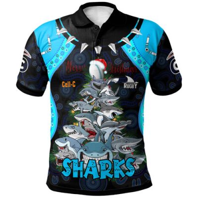 Cronulla-Sutherland Sharks Christmas Polo Shirt - Custom Cronulla-Sutherland Sharks Aboriginal Inspired Xmas Team 15 Players Polo Shirt