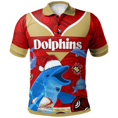 Redcliffe Dolphins Christmas Polo Shirt - Custom Redcliffe Dolphins Christmas with Ugly Pattern and Aboriginal Inspired Polo Shirt