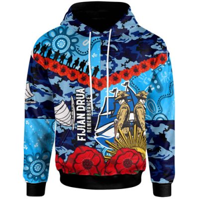 Fijian Drua Rugby Hoodie - Custom Anzac Day Fijian Drua Remembrance with Aboriginal Inspired Pattern Hoodie