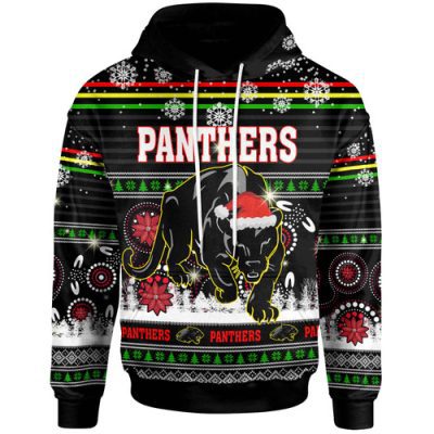 Penrith Panthers Christmas Hoodie - Custom Penrith Panthers Ugly Christmas And Aboriginal Inspired Patterns Hoodie