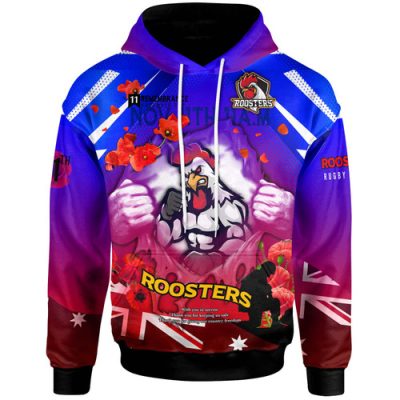 Sydney Roosters Hoodie - Custom Sydney Roosters Remembrance Day Lest We Forget Poppies Hoodie