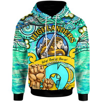 Otago Highlanders Rugby Hoodie - Custom Naidoc Week Otago Highlanders Warrior with Aboriginal Inspired "Get up! Stand up! Show up! Hoodie