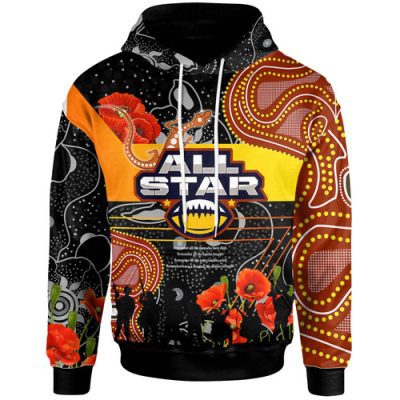 All Stars Rugby Hoodie - Anzac Day Quotes All Stars  Aboriginal Inspired Poppy Indigenous Hoodie