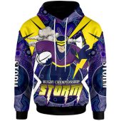 Melbourne Storm Hoodie - Custom Championship Melbourne Storm Mascot with Aboriginal Inspired Pattern Player And Number Hoodie