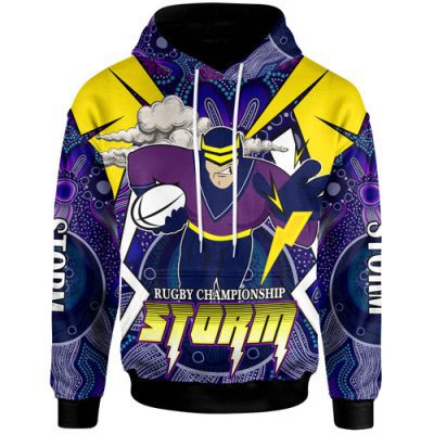 Melbourne Storm Hoodie - Custom Championship Melbourne Storm Mascot with Aboriginal Inspired Pattern Player And Number Hoodie