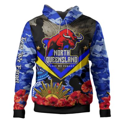 North Queensland Cowboys Custom Hoodie - Aboriginal Inspired Anzac Day North Queensland Cowboys with Poppy Flower Indigenous Hoodie