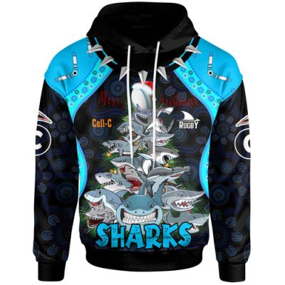 Cronulla-Sutherland Sharks Christmas Hoodie - Custom Cronulla-Sutherland Sharks Aboriginal Inspired Xmas Team 15 Players Hoodie