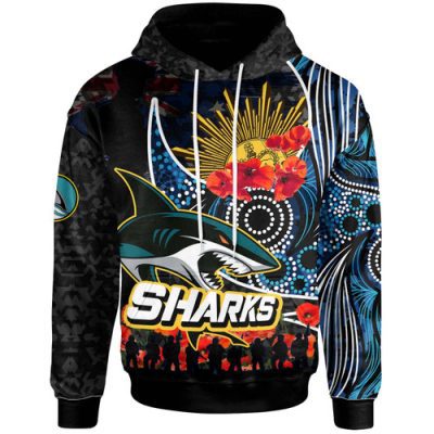 Cronulla-Sutherland Sharks Hoodie - Cronulla-Sutherland Sharks Anzac Day with Poppy Flower Aboriginal Inspired Hoodie